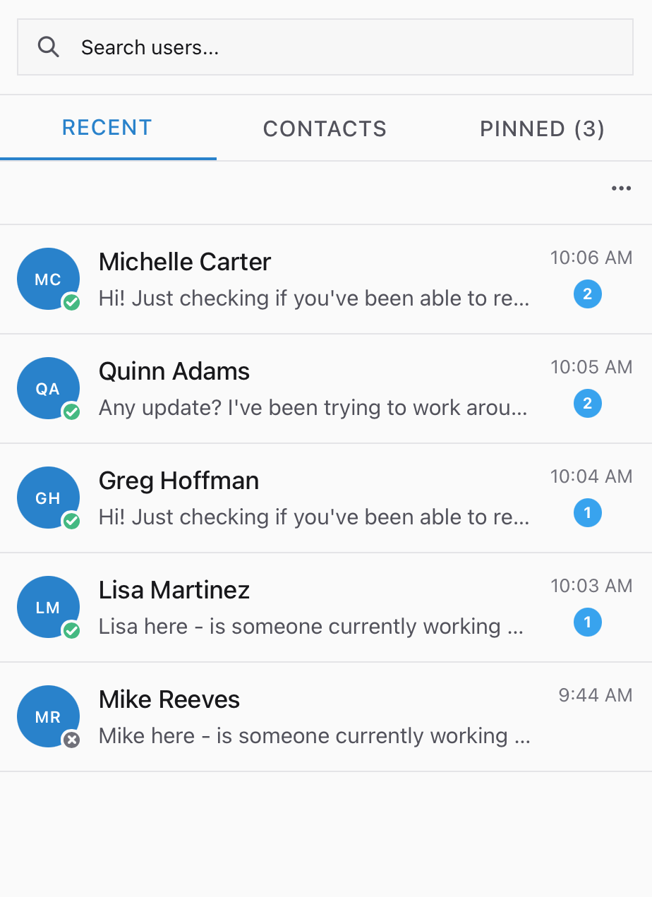 The Company Chat panel on its Recent tab, listing five people with an unread count beside four of them, a search box above and tabs for Recent, Contacts and Pinned with three pinned.