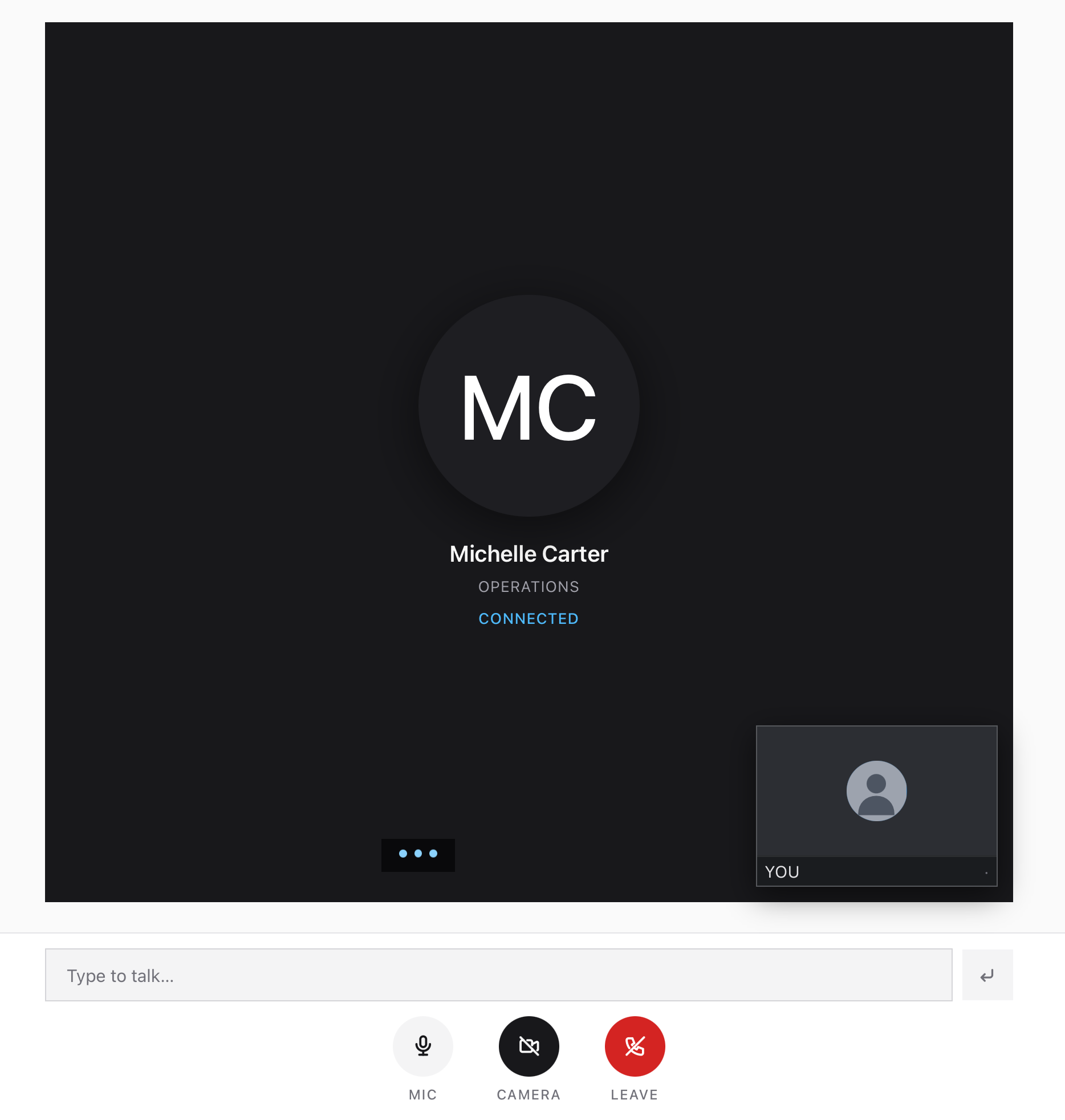A voice call opened from a chat thread, showing Michelle Carter of Operations marked as connected, a small self-view tile, a Type to talk box, and mic, camera and leave controls.