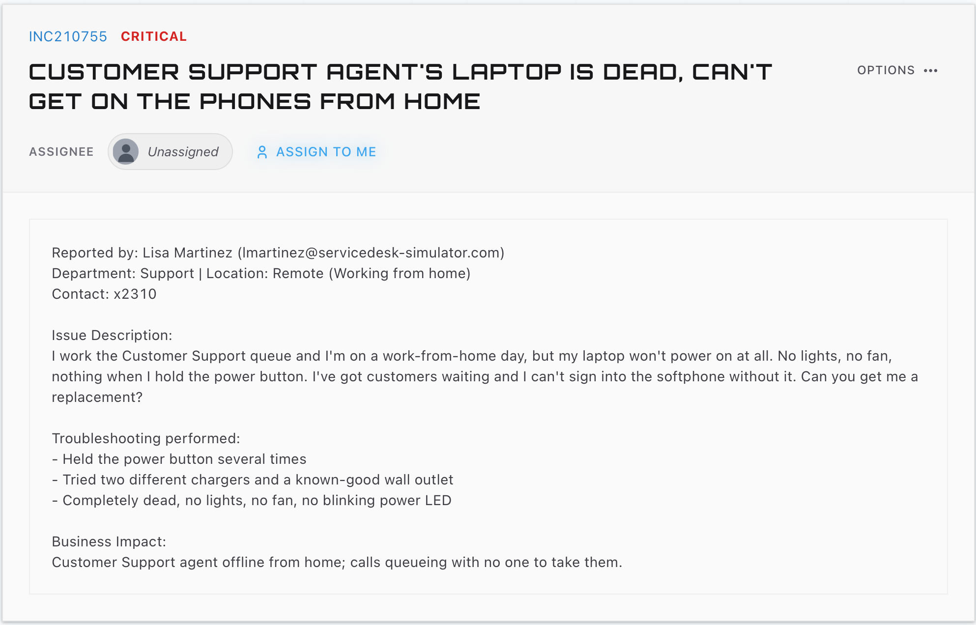 An open ticket: the reference INC210755 and the word Critical, the title, an Assignee row reading Unassigned beside an Assign to me control, then a body giving the reporter, department, location, contact extension, issue description, troubleshooting already performed, and business impact.