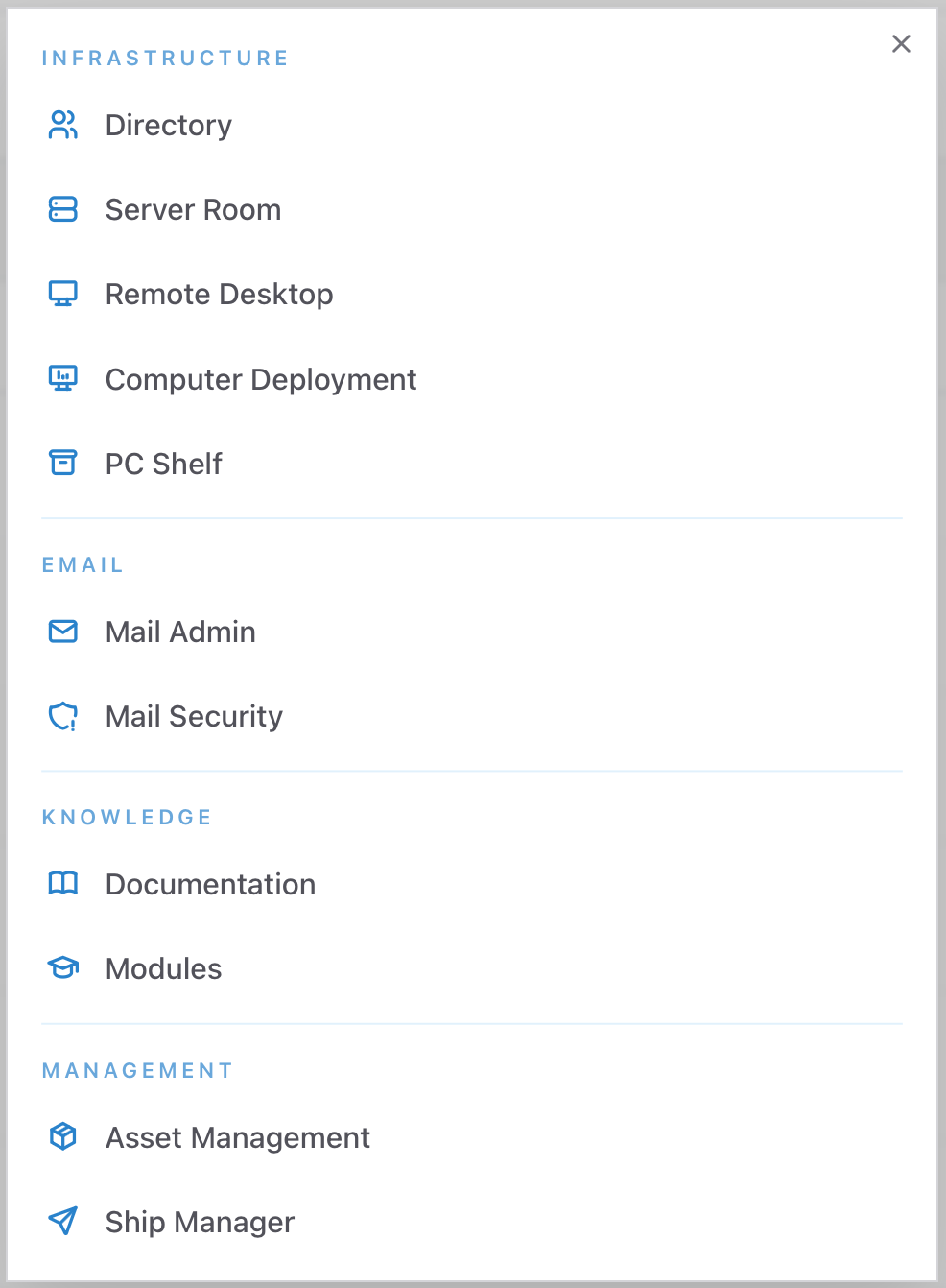 The Tools menu open, showing the Infrastructure, Email, Knowledge and Management groups and the consoles under each