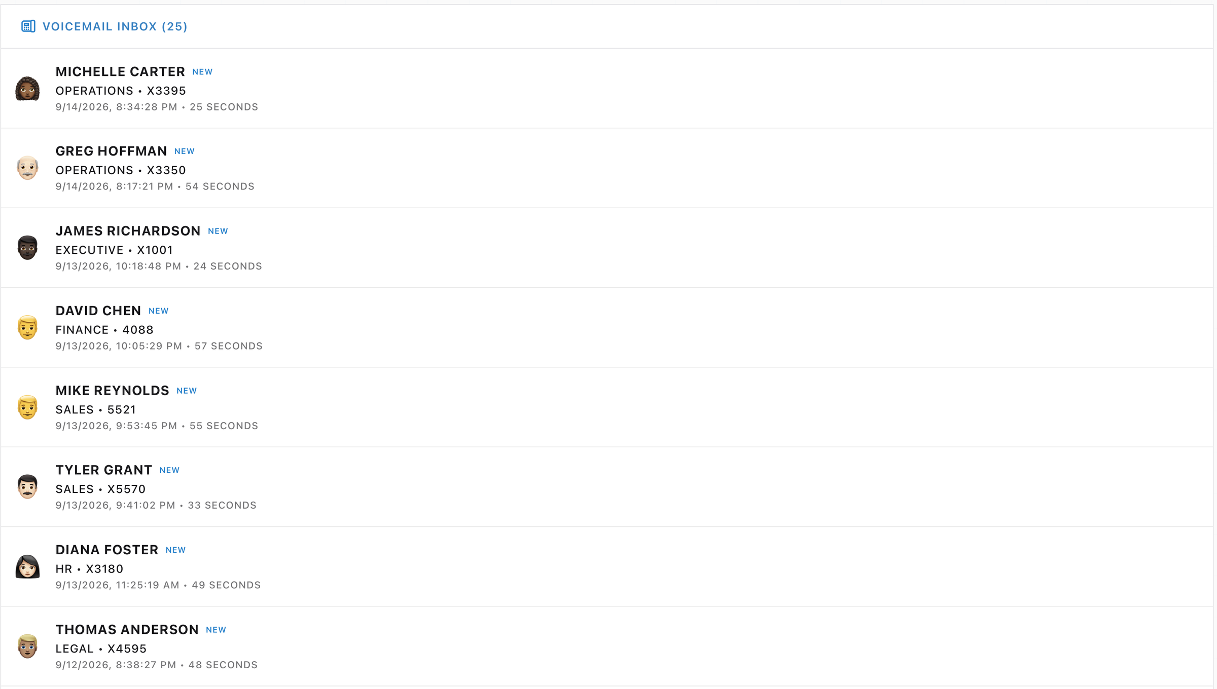 A full Voicemail Inbox, every message unheard, each showing the caller's name, department, extension, time and length.